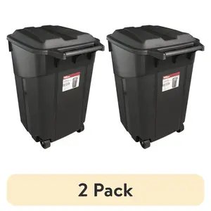 45 Gallon Wheeled Heavy Duty Plastic Garbage Can, Attached Lid, Black