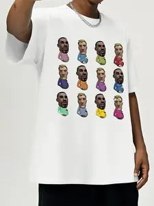 Trendy Cartoon Hip-Hop Rap Style Headshot T-Shirt, Unisex Streetwear Music Festival Daily Wear, Long Fitted Print Tee