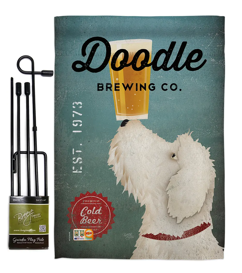 Breeze Decor BD-PT-GS-110112-IP-BO-D-US18-WA 13" X 18.5" in. Doodle Brewing Nature Pets Vertical Double Sided Mini Garden Flag Set with Banner Pole