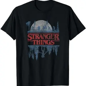 Menswear Short-Sleeve Cotton Casual Top, Stranger Things Blue Gradient Reflection Logo T-Shirt