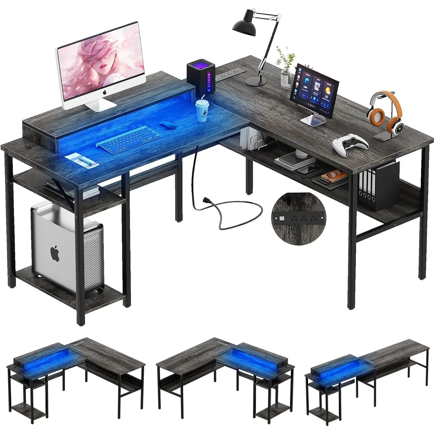 Reversible L Shaped Desk with Power Outlets and RGB LED Light, Sturdy Computer Desk with   Stand and Storage Shelves, Corner Desk for Home Office, Easy Assembly, Black Oak