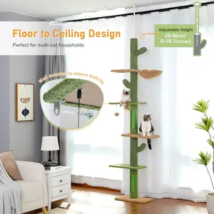 Cactus Floor to Ceiling Cat Tower with Adjustable Height(95-108 Inches), 5 Level Cat Climbing Tower with Cozy Hammock, Platforms and Dangling Balls for Indoor Cats Adjustable Cactus