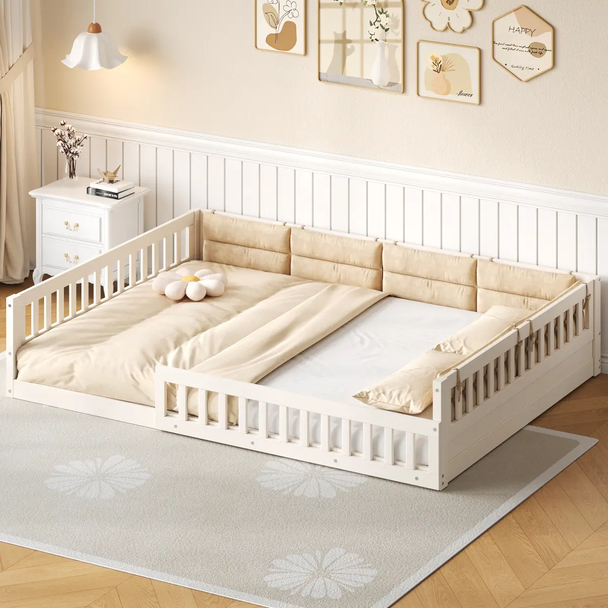 Wood Full Size Platform Bed Frame with Upholstered Pillows & Guardrails, 77.6"L x 56.7"W, No Box Spring Needed (Mattress Not Included, Beige)
