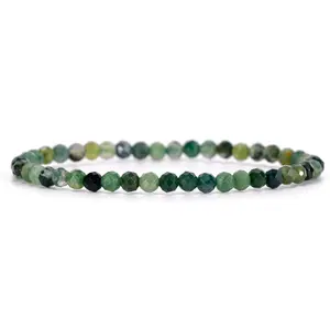Angelstones Natural Moss Agate Gemstone Stretch Bracelet, 4mm Faceted Round Beads, Crystal Healing for Women
