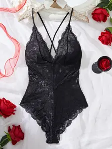 【Plus Size】Deep V Neck Bodysuit, Solid Color Sleeveless Bodysuit for Women, Women's Plus Sleepwear for All Seasons, Lingerie, Lace Body Suit