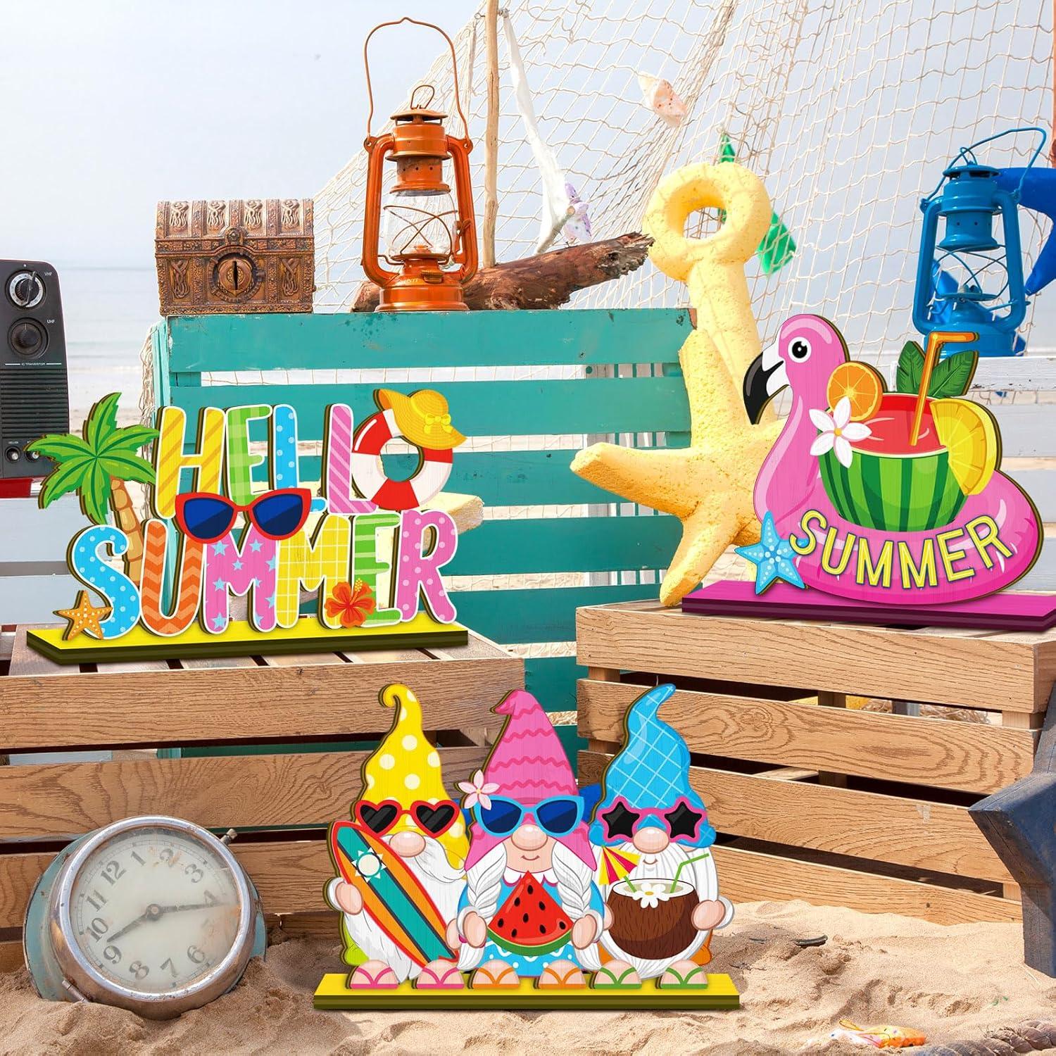 6 Pcs Summer Table Decorations Wooden Table Centerpieces Rustic Wood Tabletop Sign Decorations for Home Kitchen Office Farmhouse Desk Shelves Party Tiered Tray Decor