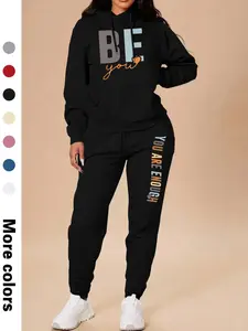 Women's Letter Print Drop Shoulder Sweatshirt & Drawstring Waist Sweatpants Two-piece Set, Casual Fashion Cozy Breathable Two Piece Outfits for Daily Wear, Ladies Clothes for All Seasons, Stretchy Outfit Sets