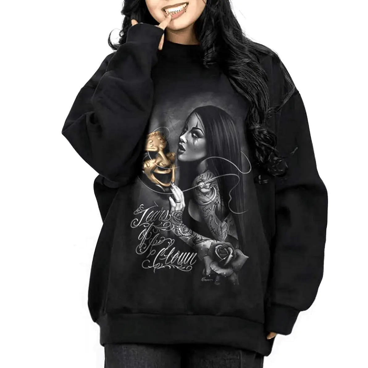 Vintage Chicano Art Hoodie for Women, Tears of a Clown Graphic Pullover, Soft Cotton-Polyester Blend, Casual Lowrider Street Style with a Loose Fit, Clothes, Beach, Fits, Tee, Garment, Fabric, T-Shirt, Comfy, Everyday, Sweatshirt, Print, Light, Menswear,,