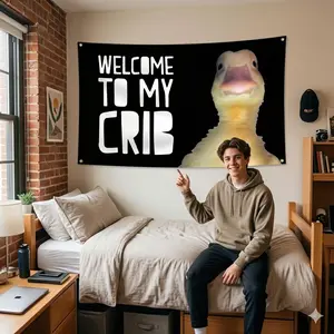 Welcome To My Crib Duck Flag 3x5ft Funny Meme Banner for Guys & Girls Aesthetic Room Wall Decor Durable Polyester Tapestry Cool Dorm Gift