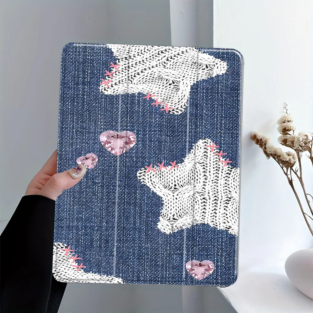 Y2K Denim Knitted Star Design iPad Case Cover Transparent Acrylic Hard Back Panel With Pencil Slot, Suitable for Ipad mini pro air, Scratch-resistant, Magnetic, Ultra-thin Protective Case Suitable for Offices Schools and Homes