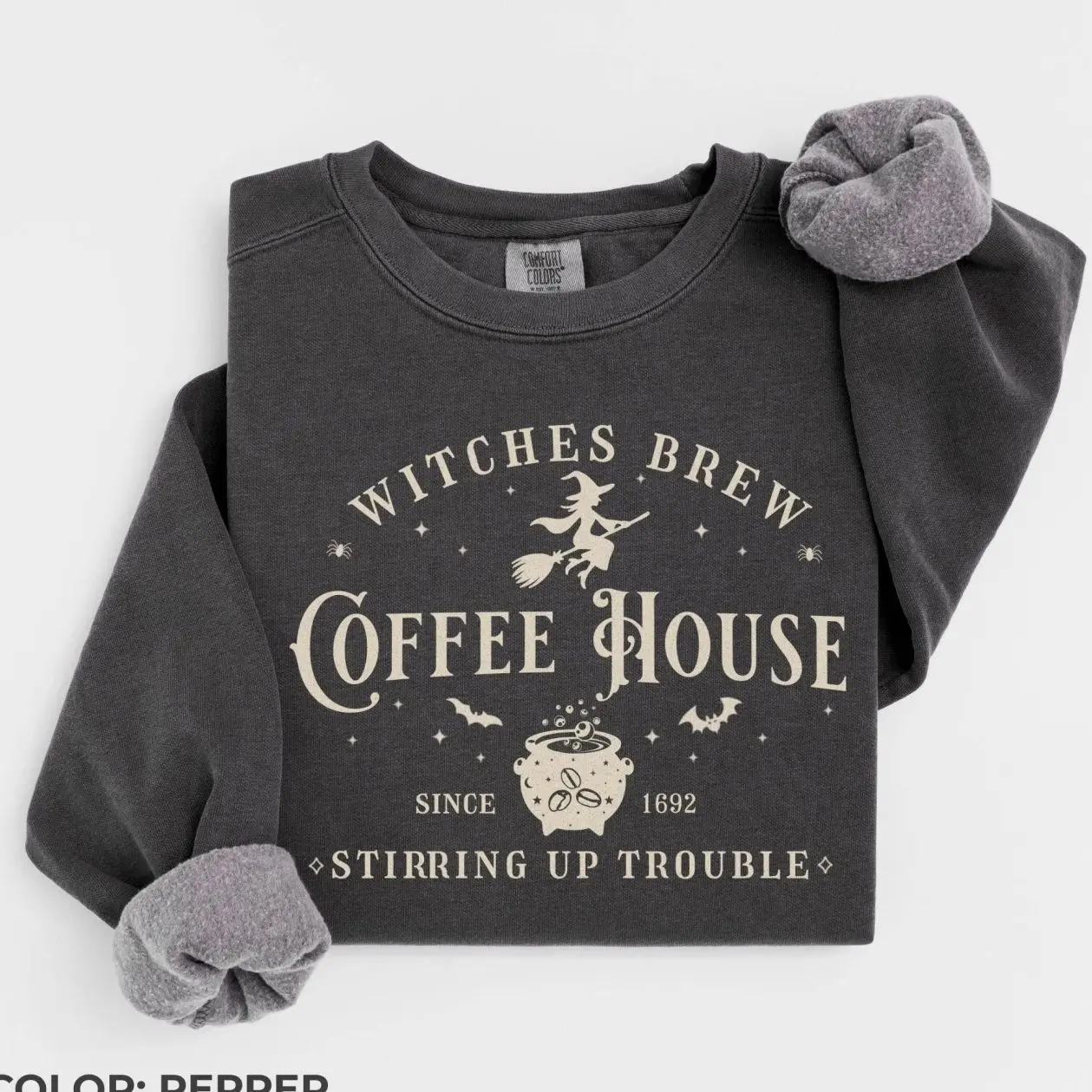 Witches Brew Coffee House Sweatshirt, Vintage Halloween Graphic Sweatshirt, Spooky Season Witchy Coffee Lover Shirt, Retro Fall Autumn Outfit, Cozy Halloween Party Apparel, Gift for Women & Men