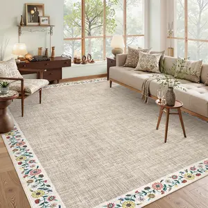 Garvee 10x13 Machine Washable Rugs for Living Room Large Area Rug Modern Floral Indoor Accent Carpet Low Pile Carpet Soft Throw Aesthetic Floor Cover for Bedroom Laundry Dining Room, Light Camel