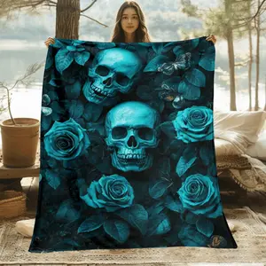 1pc Gothic Floral Skull Throw Blanket - Turquoise Blue & Dark Teal HD Printed Flannel - Lightweight Soft Warm Blanket for Bed, Sofa, Office, Travel - Gothic Home Decor - Perfect Adult Birthday/ Halloween/Housewarming Gift, Hallowe