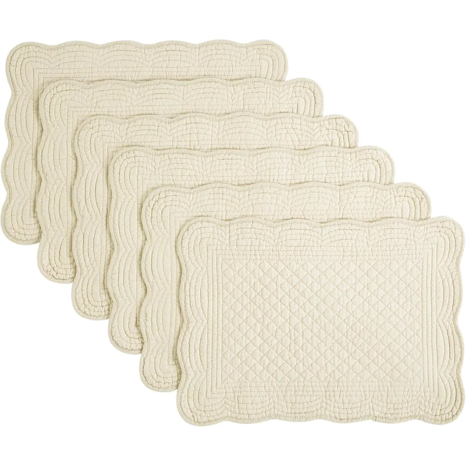 100% Cotton Quilted Rectangle Placemats Set of 6 - 13x18 in Washable Double-Layer Kitchen Placemats with Flax Coasters, Rustic Look Quilting Waves Design for Indoor, Party Use, Print