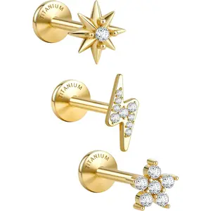 CASSIECA 3Pcs G23 Implant Grade Titanium Flat Back Earrings 5A CZ Studs 14K Plated Gold Hypoallergenic 18G Internally Threaded Tragus Cartilage Conch Helix Piercing Jewelry for Sensitive Ears Women Men