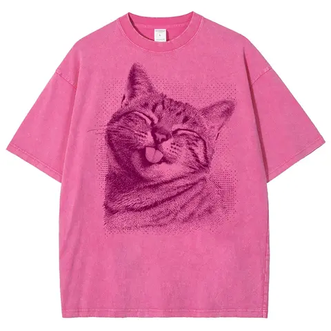 Happy Cat Tongue Out Graphic T-Shirt, Vintage Washed Style Tee, Pink Halftone Kitty Print, Gift For Cat Lovers