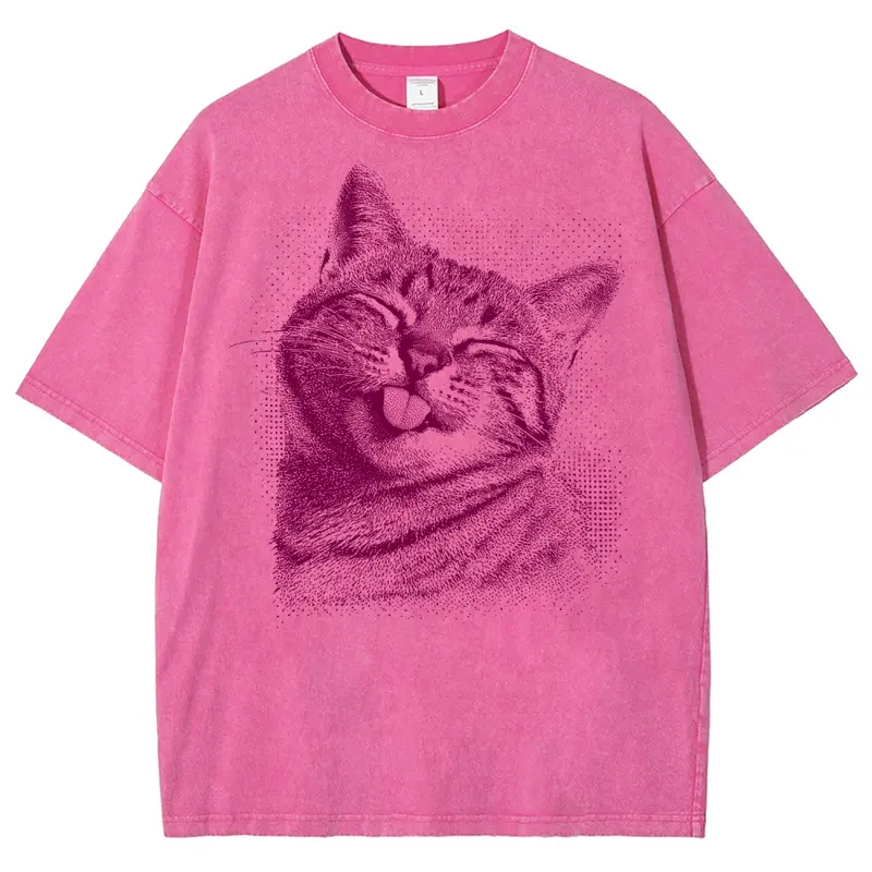 Happy Cat Tongue Out Graphic T-Shirt, Vintage Washed Style Tee, Pink Halftone Kitty Print, Gift For Cat Lovers
