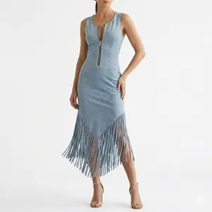 Boho V-Hem Tassel Summer Dress: Sleek Suede Feel with Gold Zipper Detail