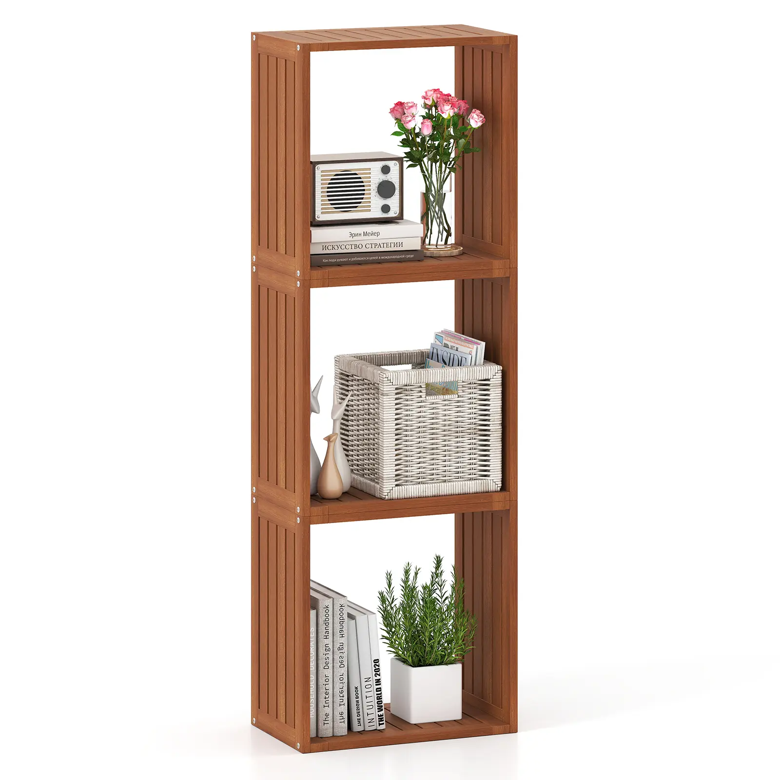 COSTWAY - 3 Cube Bookcases Solid Wood Stacking Storage Organizers with Open Slatted Design
