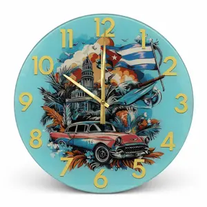 18in Round Retro Vintage Premium Glass Wall Clock - Silent Mechanism, Lightweight, Easy-to-Hang, Battery-Powered, Vivid Design, Artwork, Decorative for Cuban Havana Tropical Rooms & Kitchens, Perfect Gift for Cuban Culture Lovers