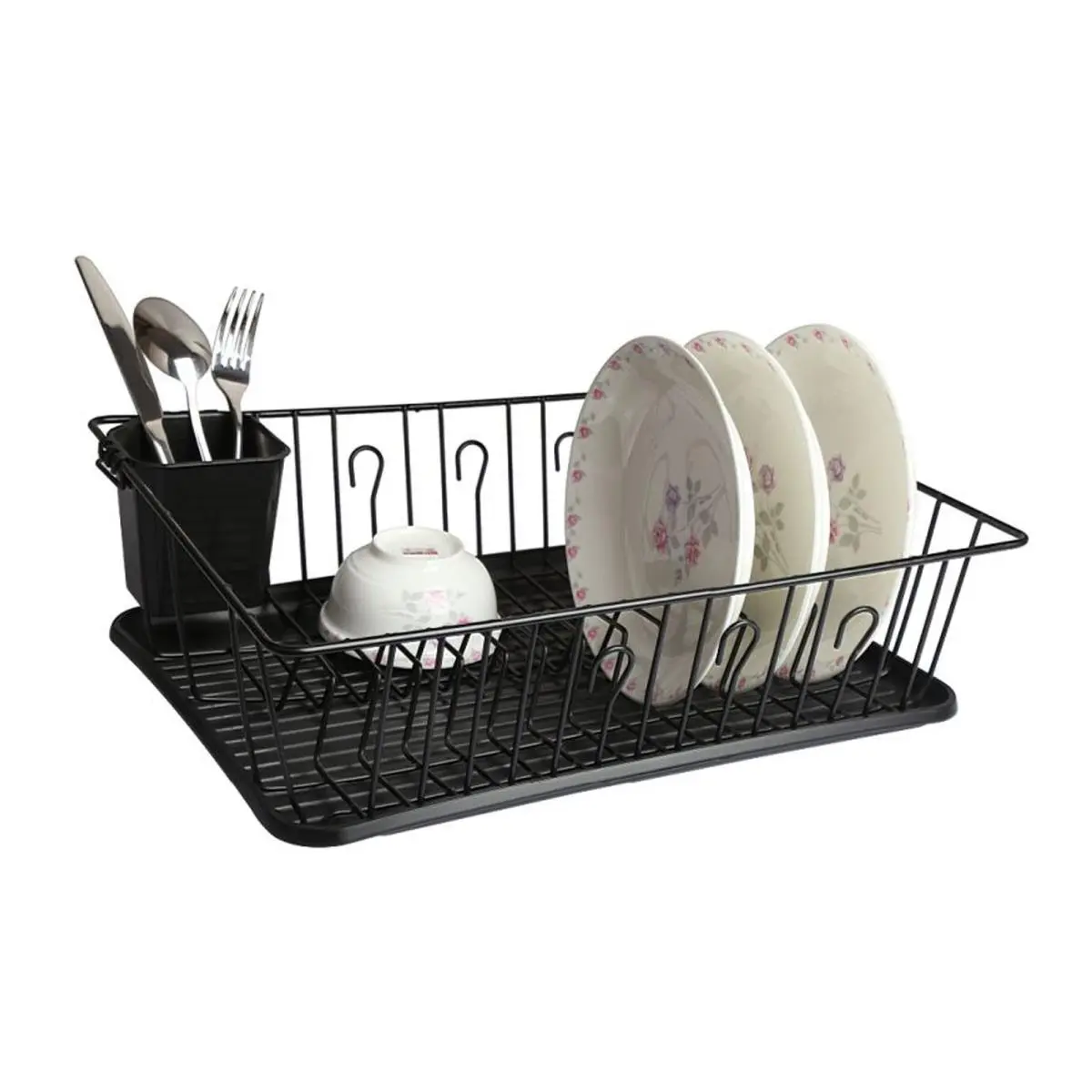 Black 17.5 in. Dish Rack Organiser with 14 Plate Positioners and a Detachable Utensil Holder