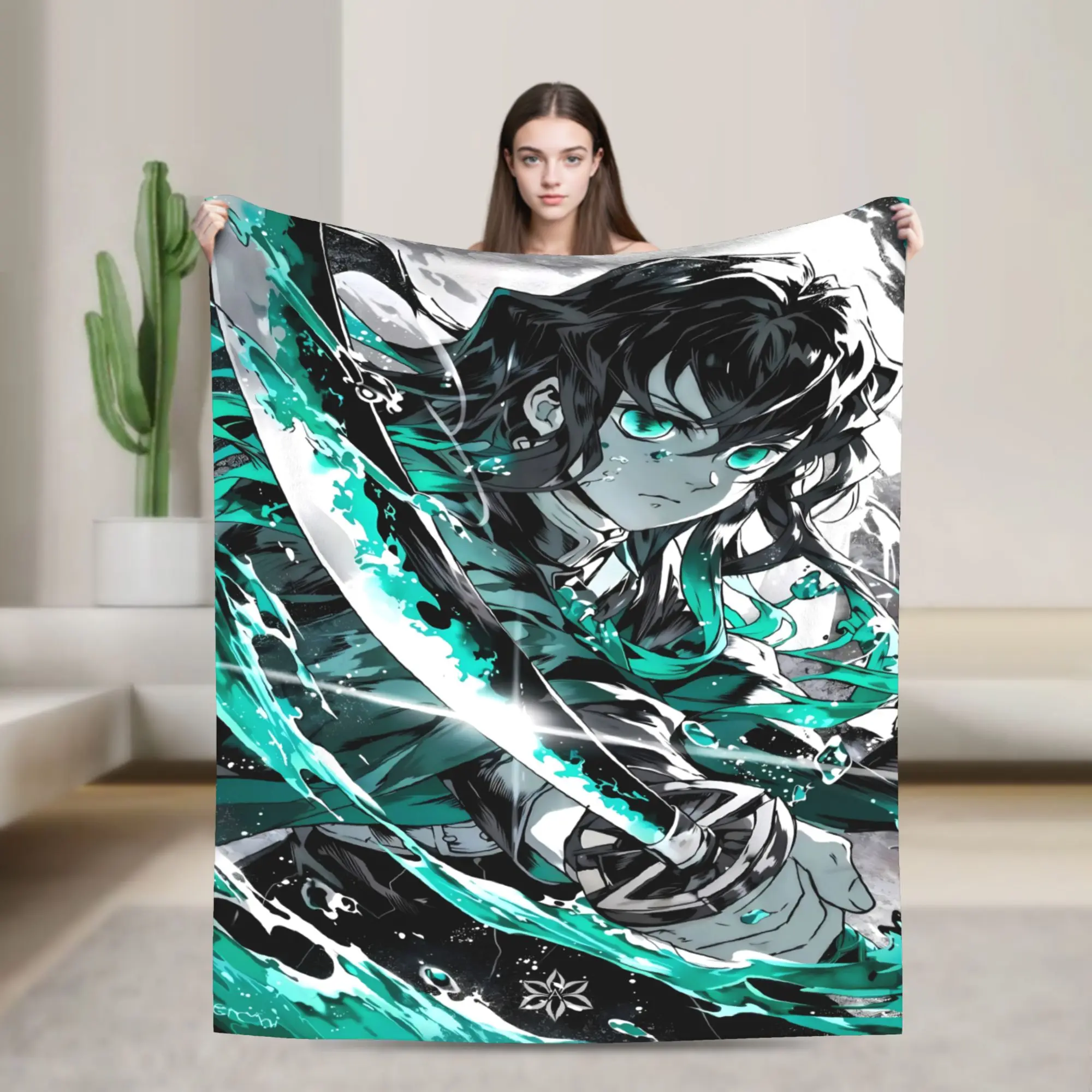 Classic Demon Slayer Muichiro Tokito Anime Manga Print Cotton Flannel Throw Blanket - Warm, Durable, Soft Microfibre-Blended Bedding, Hand Wash Only for Home Decor, Sofa Use