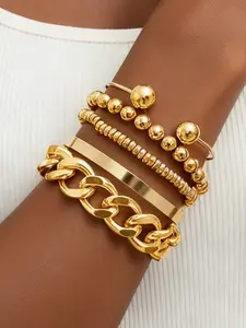 5 pcs Women's Punk Aesthetic Stackable Hip-Hop Chunky Chain Beaded Accents Bracelet Set, Trendy Jewelry Accessories for Women, Perfect Gift Idea
