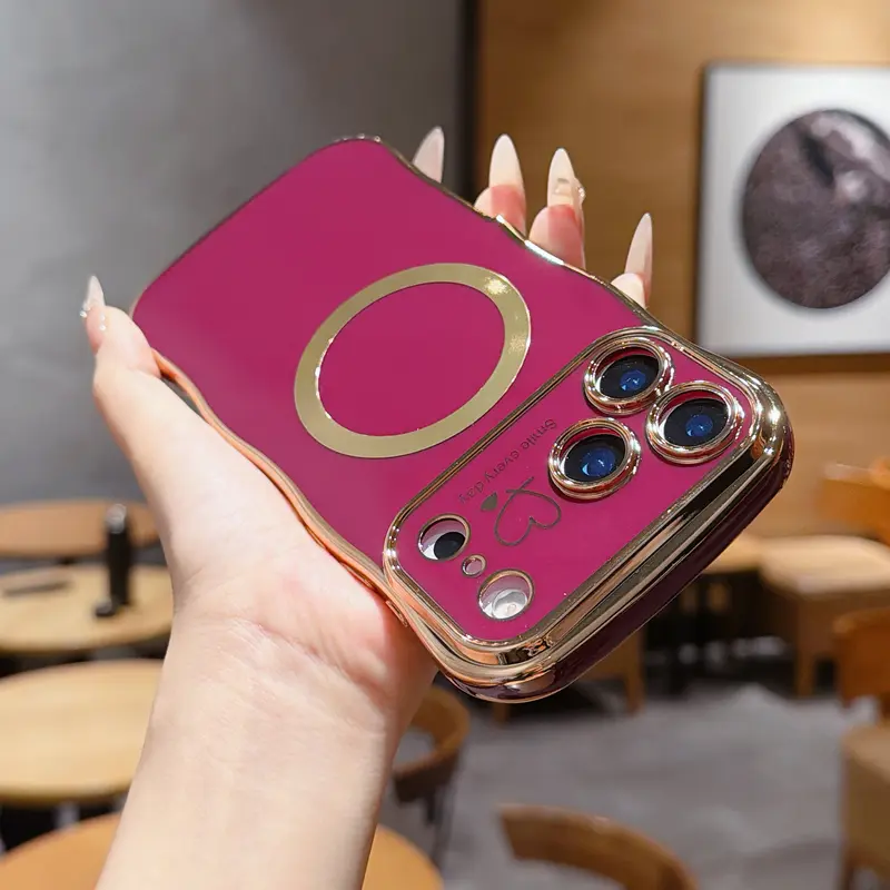 Women’s Luxury Electroplated Heart Pattern Phone Case with Curly Wave Frame, Slim Shockproof Protective Casing Cover, Camera Lens Protection, Comfortable Anti-Slip Grip, Precise Cuts, Women’s Phone Accessories for iPhone 17 Pro Max/17 Air/16/15/14/13