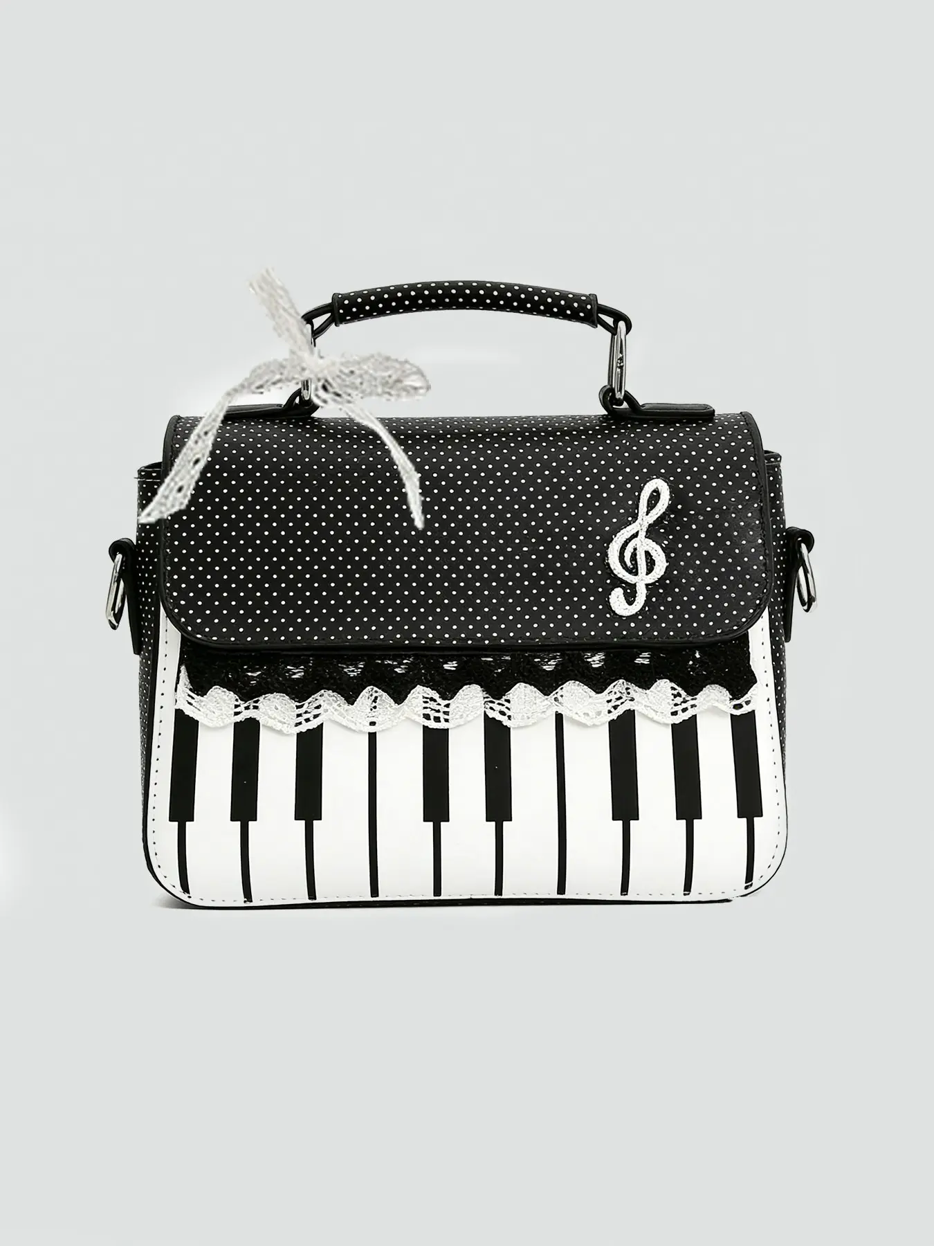 Small niche design practical texture handbag, Casual trendy purses, piano shaped design, decorated with lace, bow, and musical note elements, can accommodate keys, lipstick, mobile phones, multi back single shoulder crossbody bag, Creative design bag