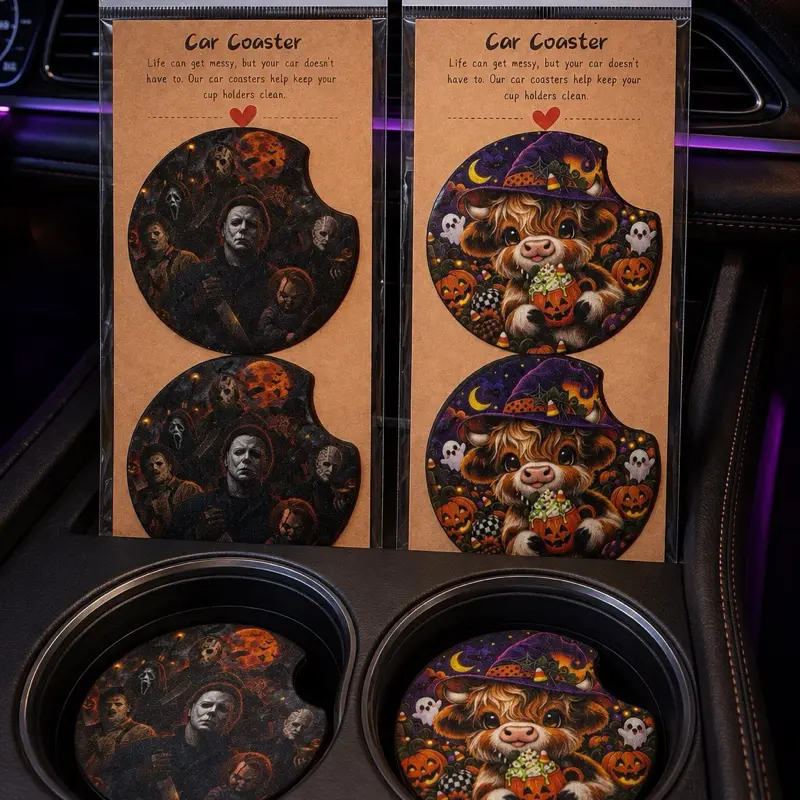 Halloween Car Coasters Sublimation - Protective Drink Holders for Cars - Perfect for Halloween Decor - Keep Your Car Clean and Stylish