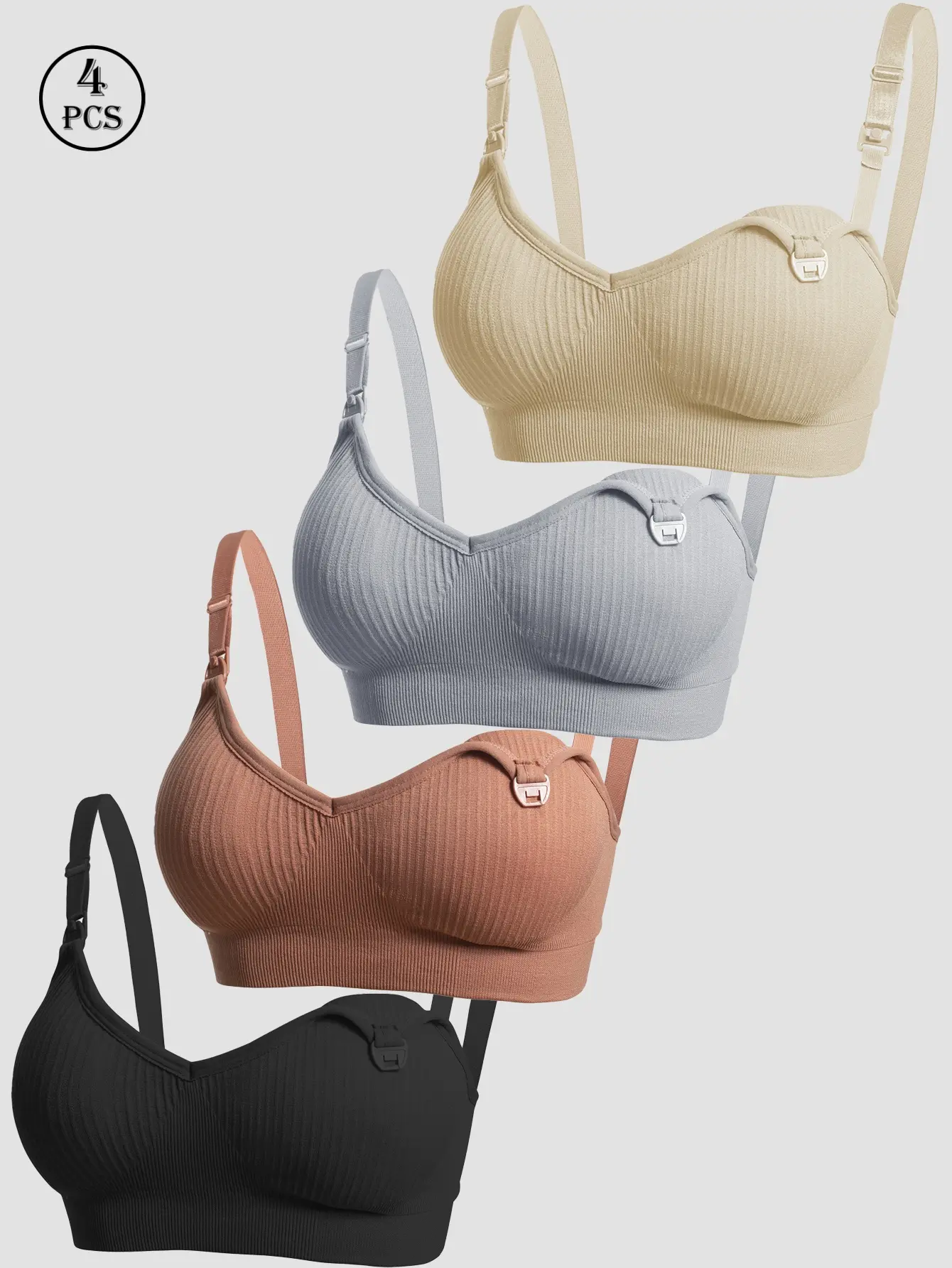 4 PCS Maternity Wireless Nursing Bras 4-Pack, Ribbed Breastfeeding Bras with One-Handed Clasp, Adjustable Straps Daily Wear, Maternity Solid Bra, Pregnancy Maternity Bra