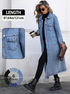 Women's Button Front Denim Coat, Elegant Casual Long Sleeve Outerwear for Spring & Fall, Women's Clothing for Daily Wear Jackets, Womenswear