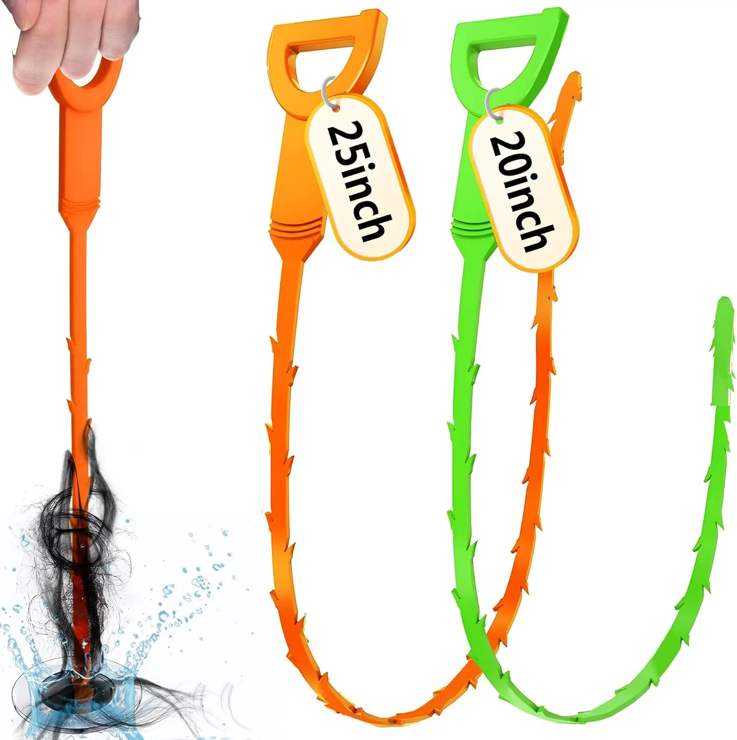 2 Pack Drain Snake Clog Remover Tool, 25 Inch & 20 Inch Flexible Drain Cleaning Brush, Hair Drain Clog Remover for Bathroom Sink, Kitchen Sink, Tub, Shower & Sewer Pipe Cleaner
