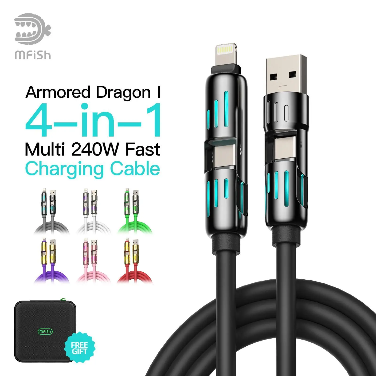 mfish Universal 4-in-1 Multi USB Charging Cable with USB A,Type C,Lightning-MAX 240W Fast Charging&Data Sync for iPhone17&Samsung Chargers Durability