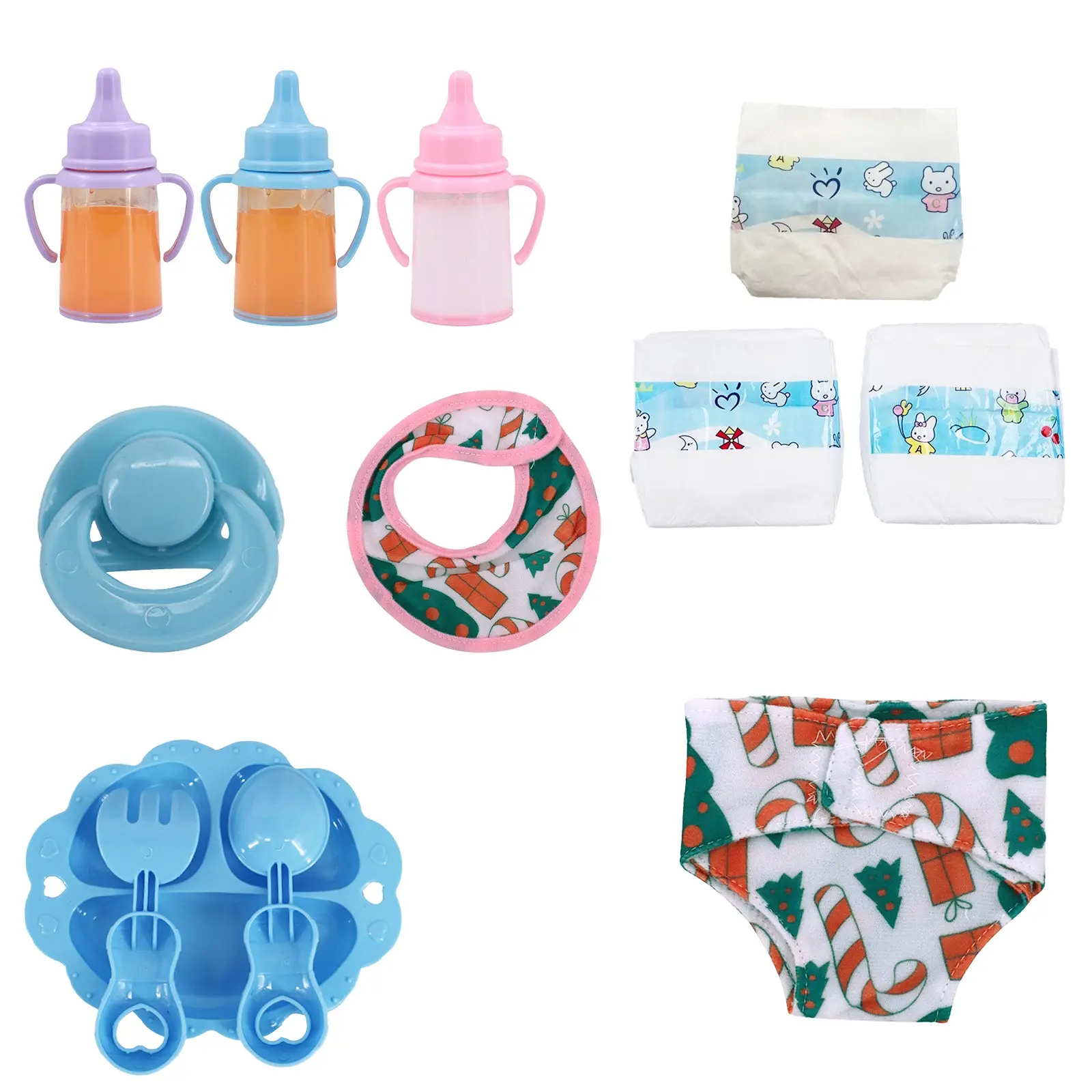 Baby Doll Feeding Set, Doll Accessories, Includes Bottle, Juice Bottles, Toy Nipple, Diapers, Bib, Underwear, Plate, Fork, Spoon, Perfect Gift
