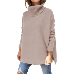 ANRABESS Women's Turtleneck Oversized 2025 Long Batwing Sleeve Spilt Hem Knit Tunic Pullover Sweater Tops