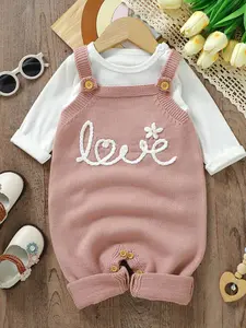 Baby's Letter & Floral Embroidery Sweater Overalls without Tee, Cute Sleeveless Knit Jumpsuit, Newborn Infant Kids Clothes