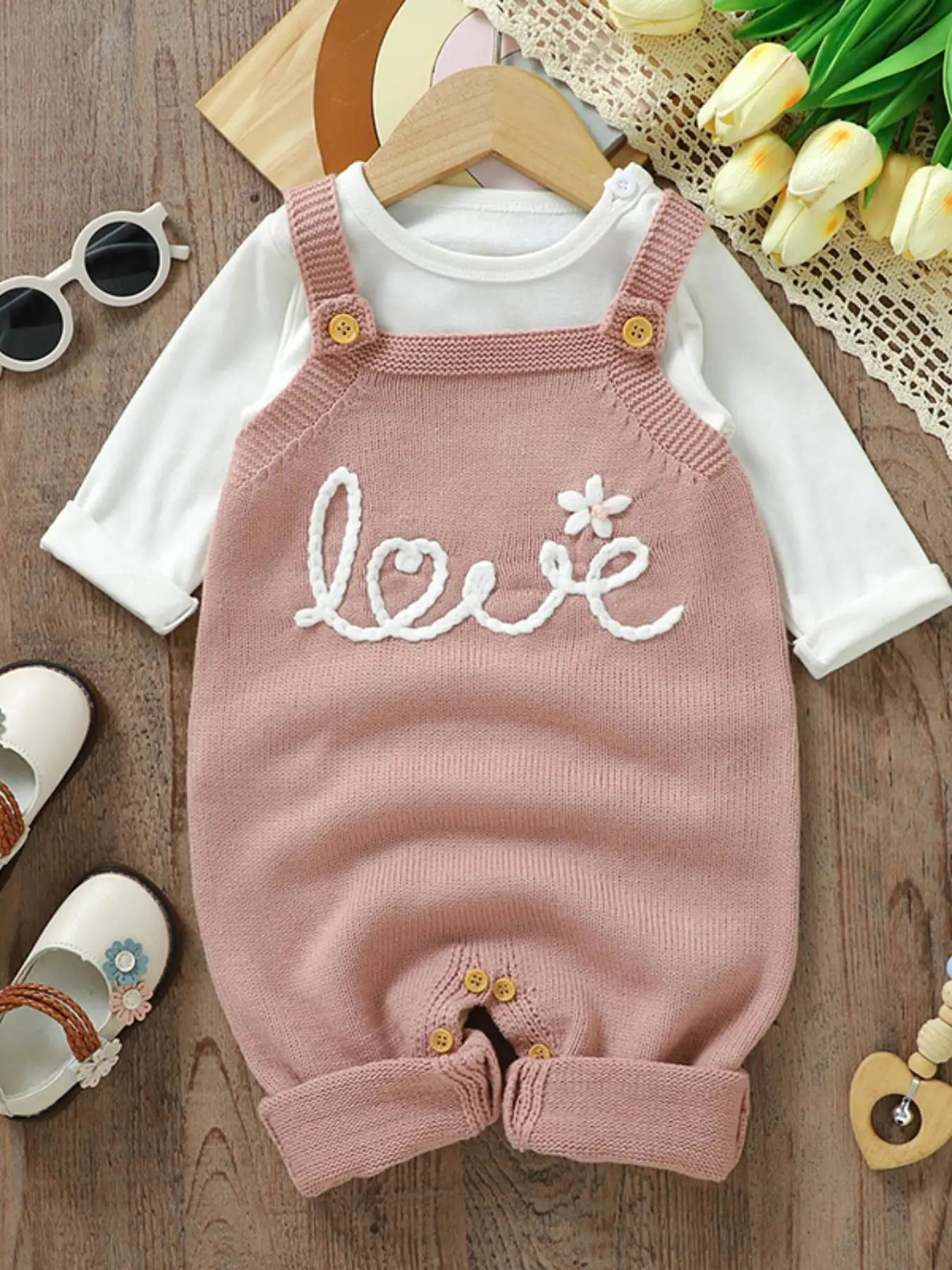 Baby's Letter & Floral Embroidery Sweater Overalls without Tee, Cute Sleeveless Knit Jumpsuit, Newborn Infant Kids Clothes