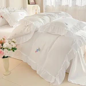 3pcs Korean Ruffle Embroidered Flower Decorative Bedding Set, Includes 1 duvet cover and 2 Pillowcases, Zipper Design, Soft Fabric, All Seasons