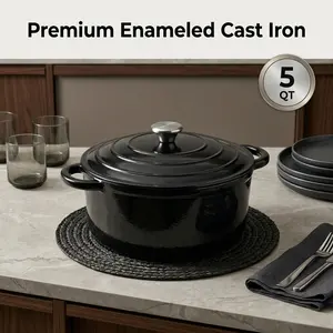 5.5QT Black Enameled Cast Iron Dutch Oven with Lid, Non-Stick Dutch Oven Pot for Bread Baking, Stewing, Braising, Compatible with All Stovetops & Oven Safe, Easy Clean, Perfect for Home Cooking