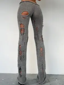 Women's Plain Slim-Fitting Ripped Knit Long Pants, Sexy Street Style Drop Waist Elastic Waist, Fashion Creative Hollow Out Design