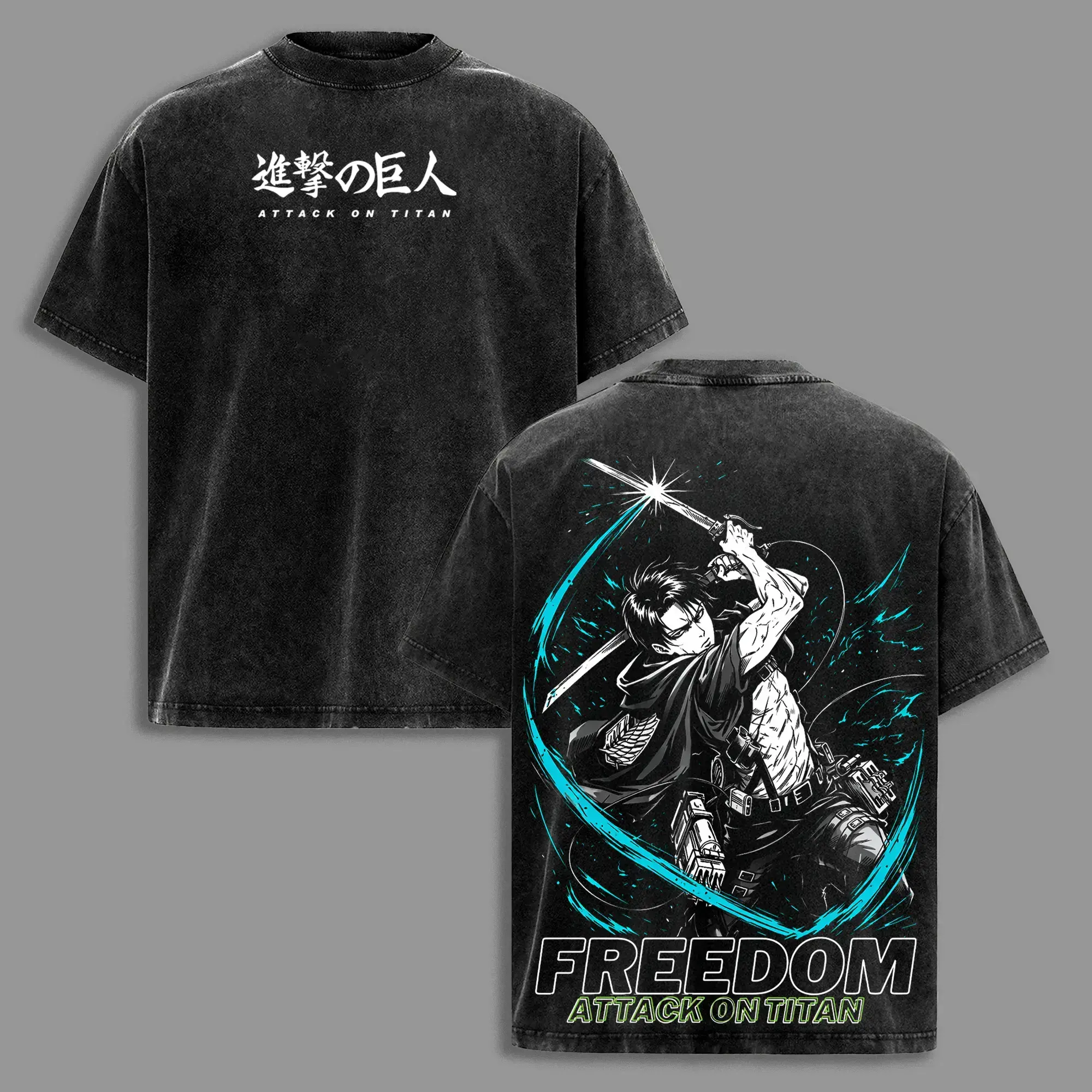 Levi Ackerman Vintage Washed Graphic Tee - Oversized AOT Anime Shirt. High-Definition 2D Pattern On Pure Black & Pure White Manga Streetwear. Double Sided Scout Regiment Tops For Otaku. The Best Attack On Titan Gifts & Everyday Casual Wear Right Now!