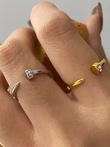 Unisex Ring Set Stackable Rings White Diamond Nail Opening Adjustable Stainless Steel 18k Gold Plated Waterproof Anti Allergy Neutral Modern Minimalist Style Hip Hop Trend Jewelry