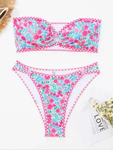 Floral strapless bikini swimsuit, sexy and charming vacation-style bikini set, Flower print bikini