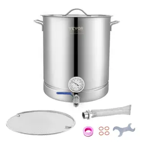 summervibes 16-Gal Tri-Ply Base Stainless Steel Beer Brewing Kettle, Home Brewing Supply Pot with Lid, Handle, Thermometer, Ball Valve Spigot, Filter and Filter Tray, Gallon