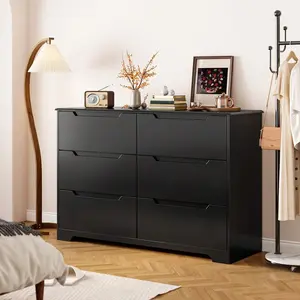6 Drawer Dresser For Bedroom, Modern Wood Chest Of Drawers With Cut-Out Handles, Accent Cabinet With Wide Double Drawers For Living Room, Entryway