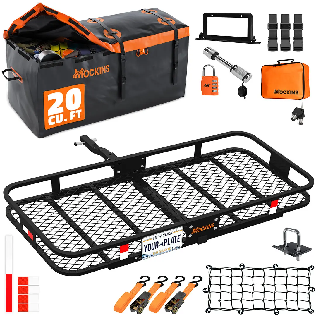 Mockins 60"x20"x6" Rear Hitch Cargo Carrier Set | Folding Hitch Rack with 20 Cu.Ft. Orange Cargo Bag and Accessories