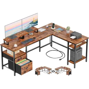 L Shaped Desk with Power Outlet，With 2 Drawers，Built-In Charging Station & Dual Monitor Stands，Adjustable Home Office Desk For Gaming And Remote Work