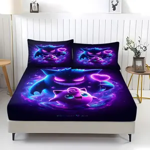 3-Piece Pokemon Pattern Bedding Set, Comfortable Printed Design, Includes 1 Fitted Sheet & 2 Pillowcases, Non-Slip, Perfect Gift, Complete Set