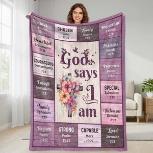 God Says I Am Flannel Blanket  Christian Cross Floral Printed Design  Soft Warm Durable Lightweight Texture  Perfect for Bedroom Living Room Couch Church Prayer Gift summerwins